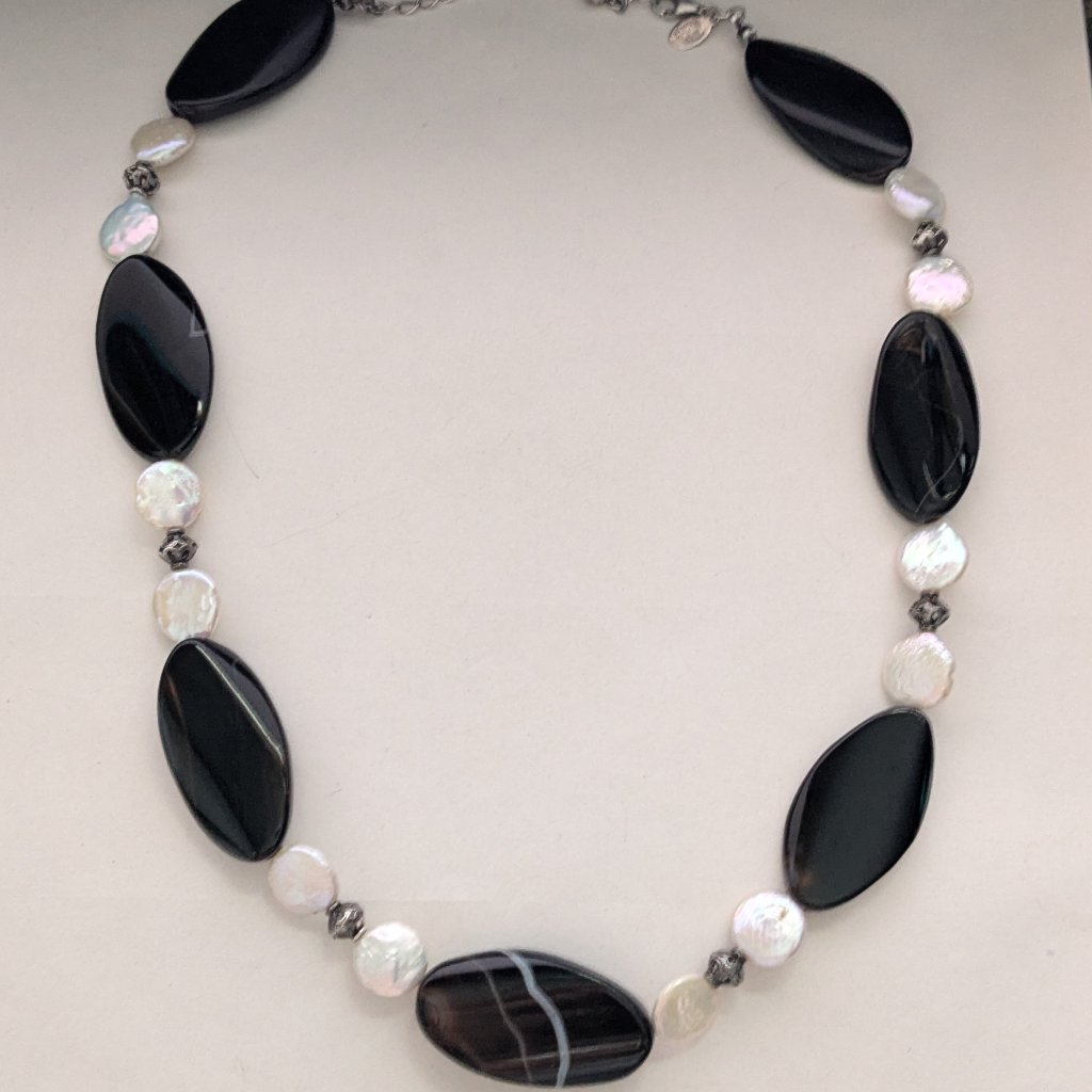 Vintage Donna Dressler Black Agate Genuine Pearl 925 Sterling Silver Necklace